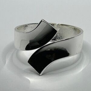 Bypass Bangle Bracelet Silver tone Hinged Enamel Boho‎ Chic Glam Statement 6"